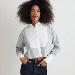 Madewell Oxford Cropped Tuxedo Shirt in Stripe Gray/blue and White Striped